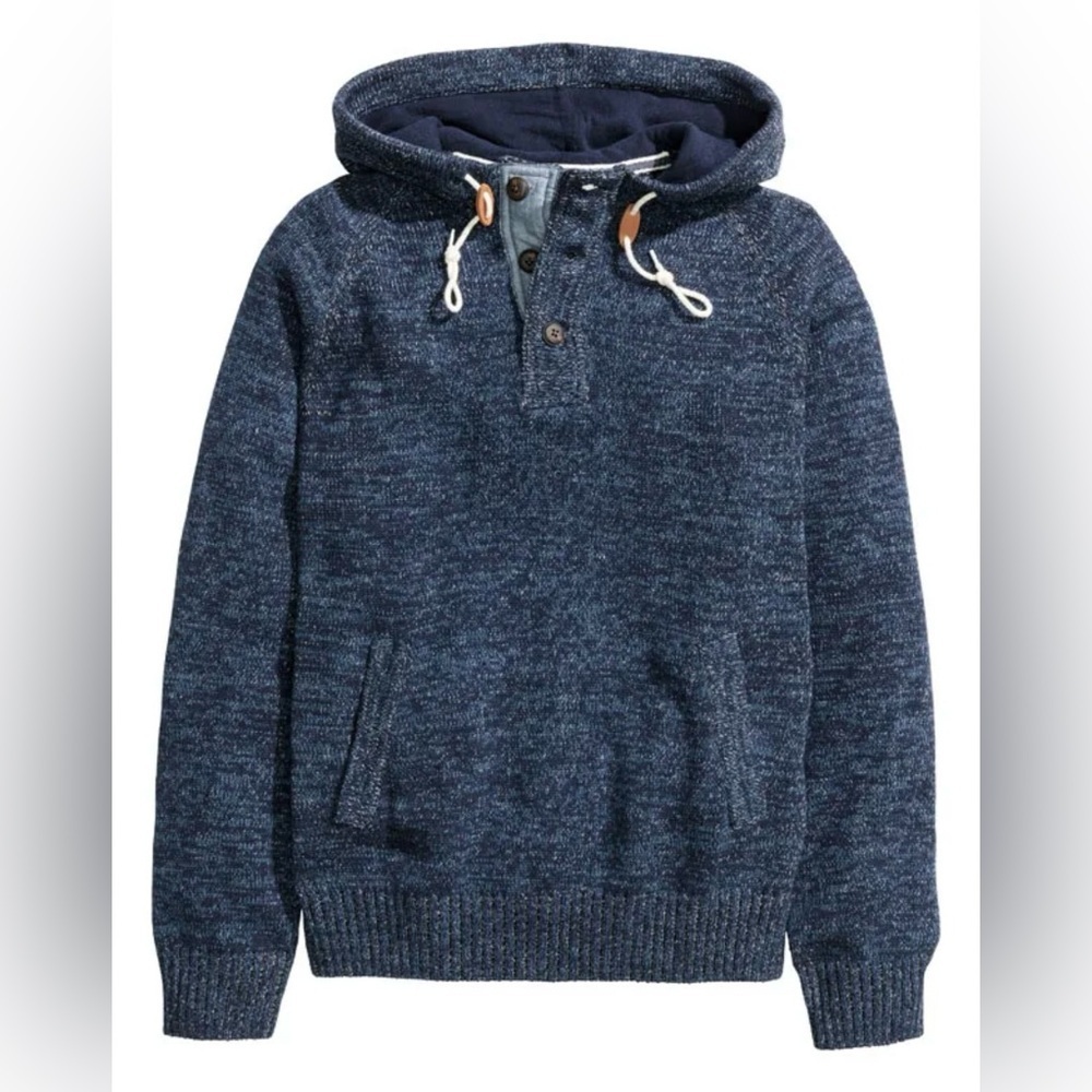 Coastal Preppy Knit Pullover Hoodie Sweater Dark Blue H&M L O.G.G Size L Pockets
